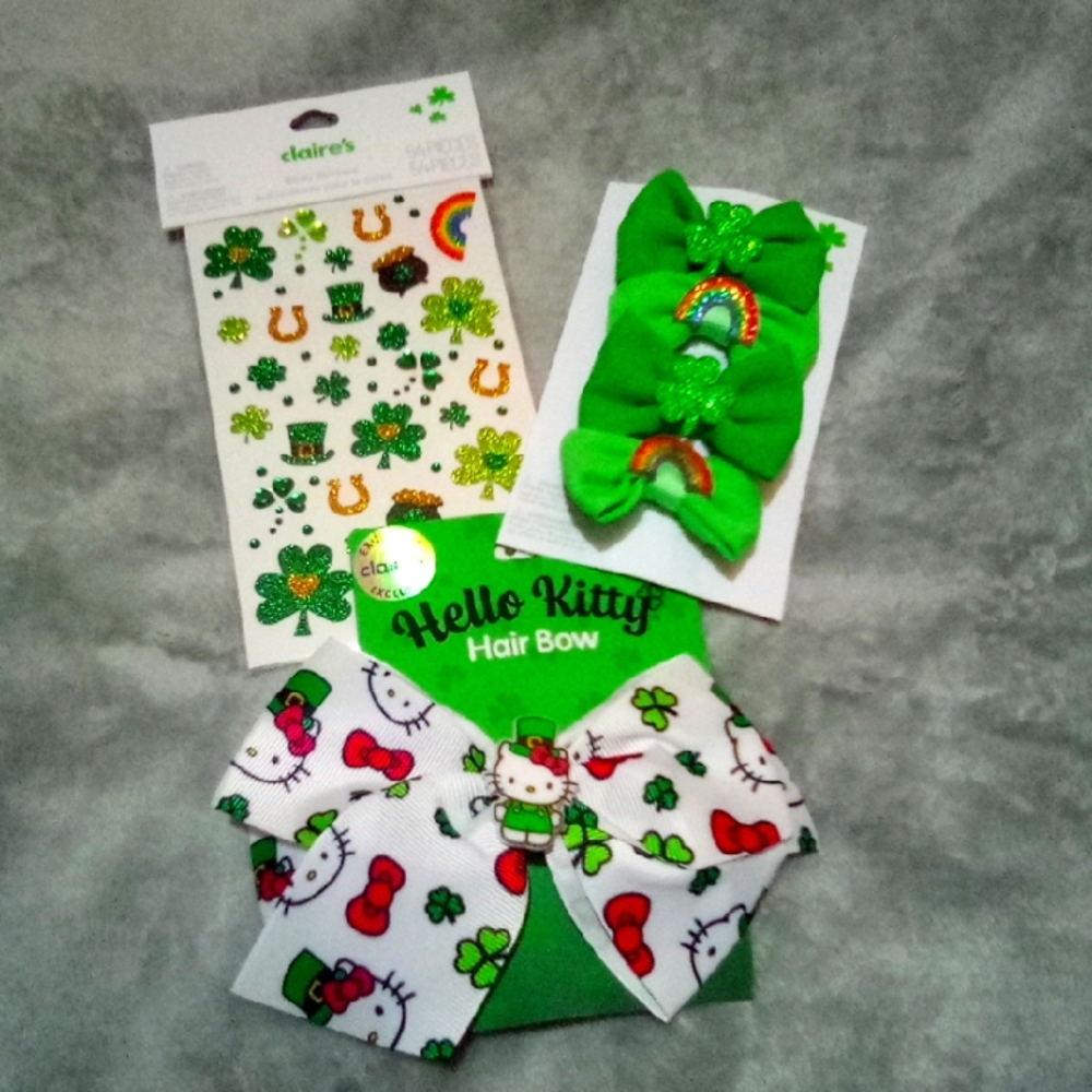 💍 Claire's Hello Kitty Hair Bow Clips Body Stickers Girls St Patrick's Day NWT